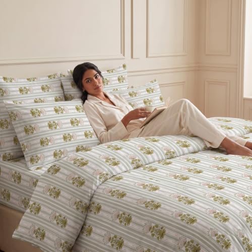 Image of Haus & Kinder Double Bed Bedsheet for Queen Size Bed, Queen Size Bed Sheet with 2 Pillow Covers 90 Inch x 100 Inch | Premium Soft & Silky Pure Cotton 186 TC Double Bedsheet | Heritage Garden
