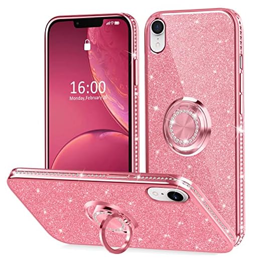 Thomo Compatible with iPhone XR Glitter Case 6.1 Inch, Slim Shockproof Cute Diamond Phone Case with Ring Holder Bling iPhone XR Case for Women Girls-Pink