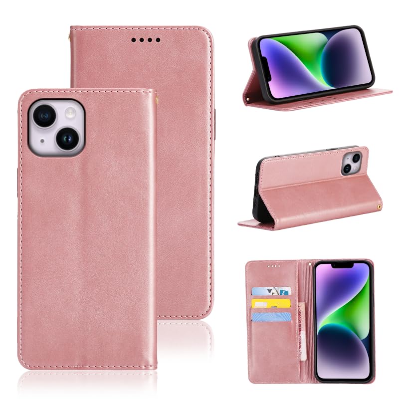 適用 iPhone 14 ケース 手帳型 iPhone14 用 手帳型 ケース カバー PUレザー カード収納 財布型 耐衝撃 ケース マグネット スタンド機能付き 5色 (iPhone14 用 ケース手帳型) (ライトローズゴールド)