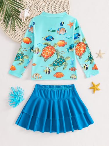 Image of Girls Rash Guard Swimsuit Set UPF 50+ Long Sleeve Two Piece Swimwear Half Zip with Skirt Bottom for Kids 3-10Y