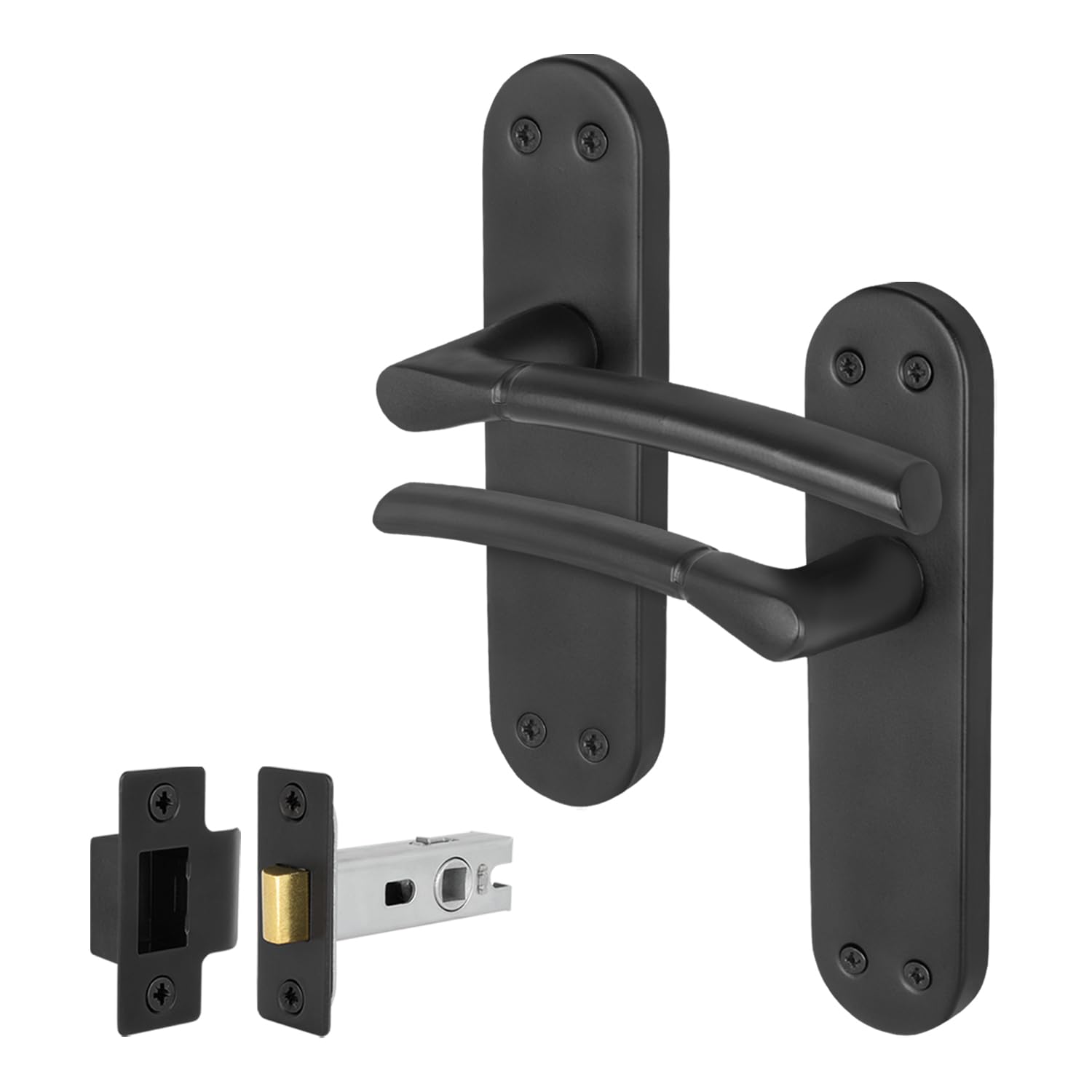 EAI Black Door Handle Latch Set, 1 Pair of Matt Black Internal Lever Handles on Backplate, Latches 64mm - Bova Range