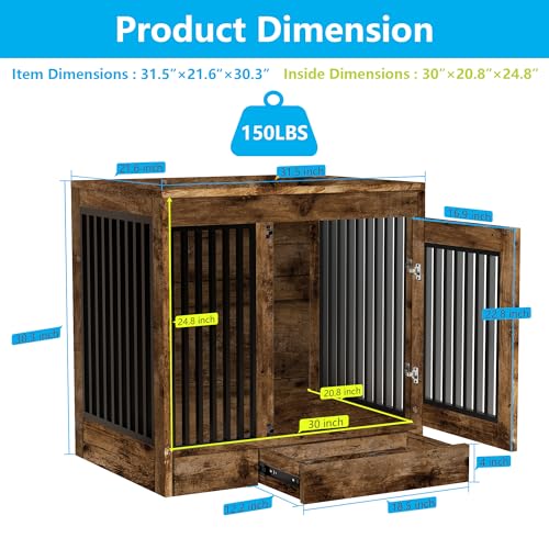 Rustic Brown Heavy Duty Furniture Dog Crate, Wood and Metal Kennel Cage, Pet House End Table with Drawer and Pull-Out Design, Dog Home for Indoor use, Medium Size - Image 3