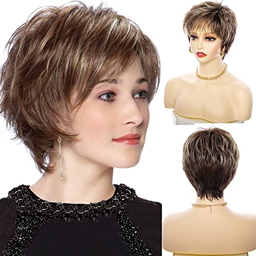 LEOSA Short Brown Wig Pixie Cut Wig With Bangs for White Women,Short Straight Pixie Cut Wig Brown Wig for Womens Short Wigs Synthetic Hair Wig Natural Ombre Mixed Brown Highlight Wig
