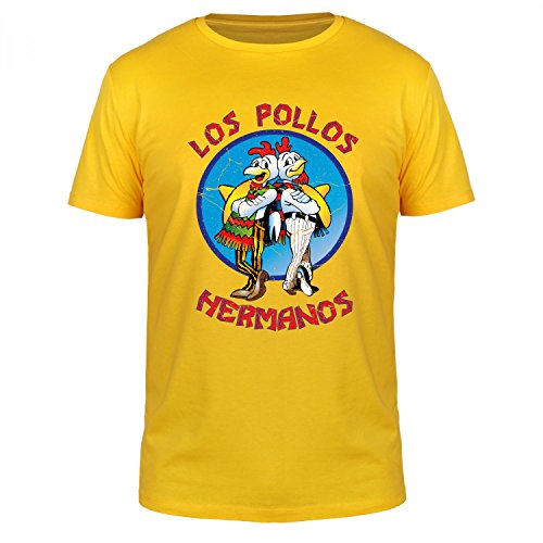 FABTEE - Los Pollos Hermanos - Herren Fun T-Shirt | Plus 2 Gratis Aufkleber | Als Geschenk zu Weihnachten, Geburtstag oder einfach so | in Größen bis 4XL, Farbe:Gelb, Größe:3XL