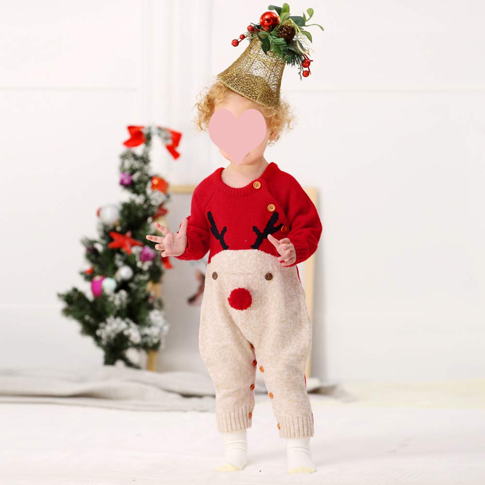 Combinaison Bébé Tricotée Noël Orignal – Grenouillère Chaud Hiver 0-18 Mois Rouge