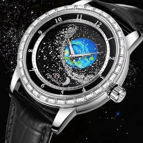 Image of FORSINING Watches for Men Rhinestone Inlay Rotational Starry Sky Moon Phase Mechanical Automatic Watch Waterproof for Business Leather Wristwatch