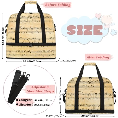 Large Weekender Overnight Bags Travel Duffel Bag for Women Men Retro Music Score Music Gym Bags With Shoe Compartment Foldie Travel Tote Bag Carry On Personal Item Bag for Travel Gym Sports2