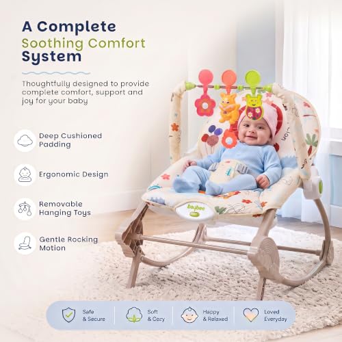 Image of Baybee 2 in 1 Baby Rocker & Bouncer, 3-Position Recline, Soothing Music, Removable Hanging Toys, Soft Cushioned Seat & Safety Harness, Rocking Chair for Newborn 0-3 Years (Beige)