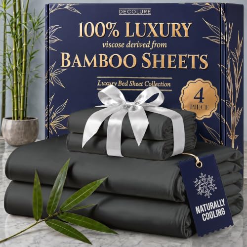 Image of DECOLURE 100% Viscose Derived from Bamboo Sheets King Size - Luxury 4 Pc Naturally Cooling Sheets, Ultra Soft Bed Set - Deep 17 inch Pockets, Durable Double Stitching, Oeko Tex Standard (Charcoal)