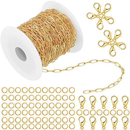 65 Feet Paperclip Link Chain Gold Chain Oval Link Chain with 20 Pieces Lobster Clasps and 200 Pieces Jump Rings for DIY Craft Necklace Choker Bracelet Jewelry Making Supplies