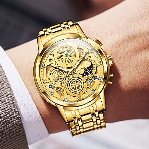 Image of OLEVS Skeleton Watches for Men Analogue Quartz Multifunctional Chronograph Waterproof Luxury Fashionable Luminous Wristwatches for Men, A: Gold, Bracelet