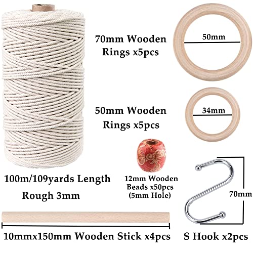 119pcs Macrame Rope Kit for Starter - 3mm x 109Yards Natural Cotton Cord With 100 Wooden Beads, Rings, Sticks, Metal Rings, S Hooks - Supplies for Plant Hangers by ZXCDINO - Image 2