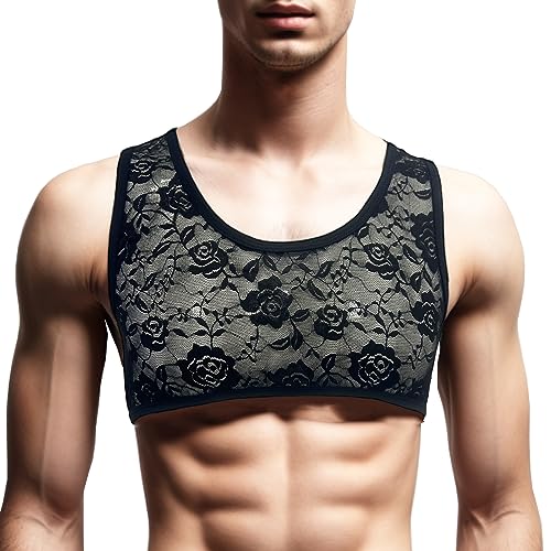 Men's Sissy Lace Floral Mesh Sleeveless Muscle Fitted Vest T-Shirt See Through Half Top Undershirt