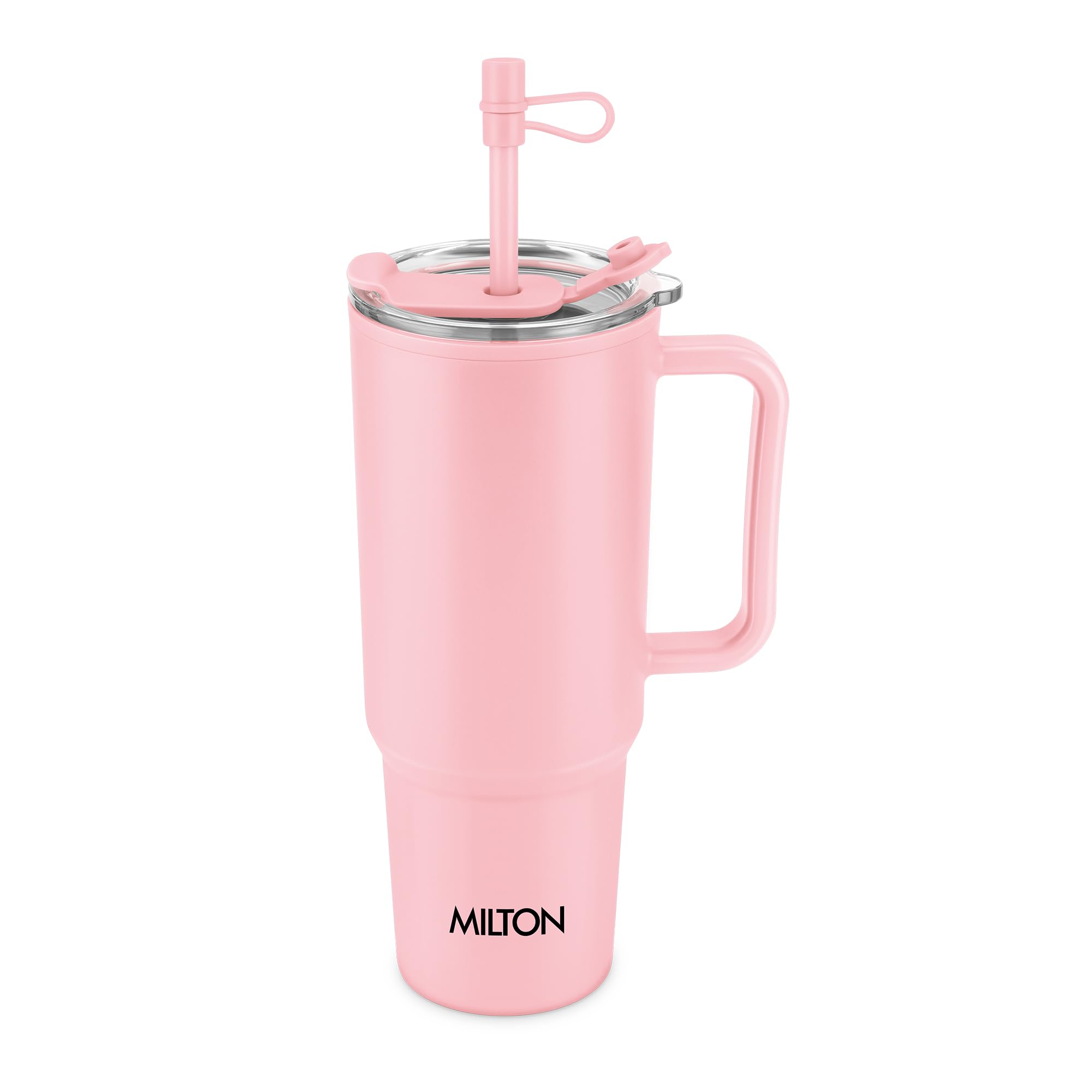 MILTON Maven 1000 Plastic Water Tumbler | 2-in1 Lid Sip or Gulp | Crystal Clear BPA Free-Food Grade| Sturdy Handle | Large Travel Mug for Gym, Office & Outdoor Use, 1 L, Pink