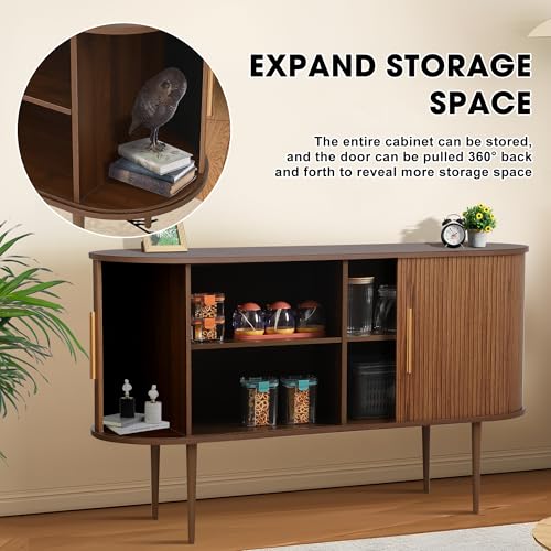 Grepatio 55" Sideboard Buffet Cabinet with Fluted Slide Doors, Tambour Storage Cabinet with Shelves, Modern Credenza Sideboard Buffet Console Cabinets for Living Room Hallway Entryway (Brown)