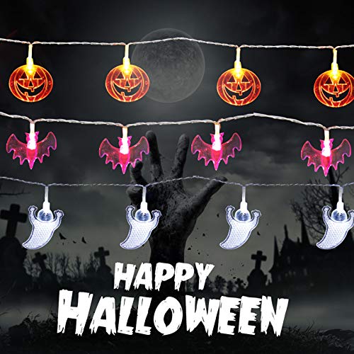 AODINI Lot de 3 décorations pour Halloween u0096 chauve-souris violette, fantôme blanc, citrouille orange, guirlande lumineuse à piles (20 LED par chaîne, 3 m)
