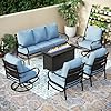 PHI VILLA Patio Furniture Set with Fire Pit Table1x 3 Seat Wide Deep Seating Bench Sofa 2 Swivel Sofa Chair 2 x Leg Sofa Chairs1 Fire Pit TableOutdoor Conversation Set for 7Light Blue