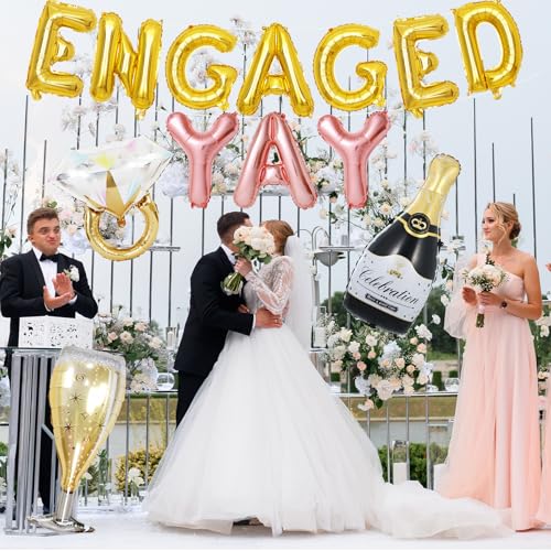 Image of Gold Engagement Party Decorations, Engaged Yay Balloons Letters Banner, Diamond Ring Black Champagne Bottle Balloon Glass Foil Balloon for Bachelorette Engagement Wedding Bridal Shower Party Supplies