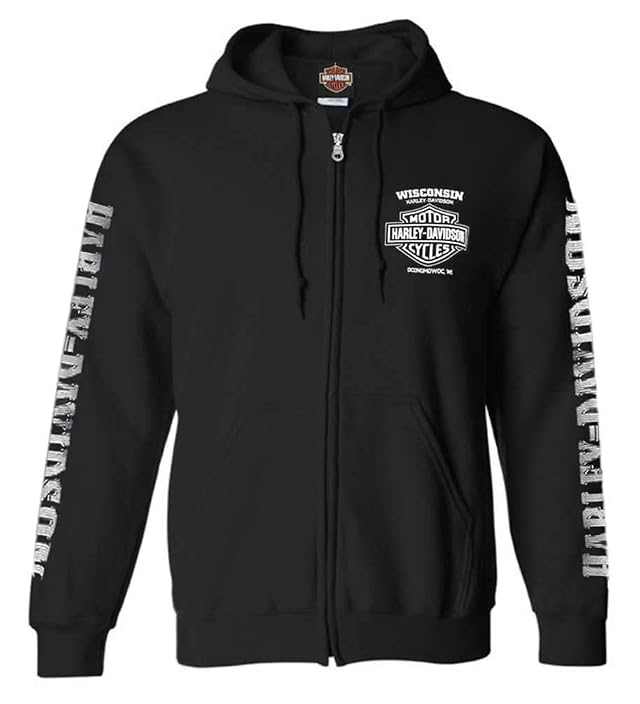 Harley-Davidson Mens Lightning Crest Full-Zippered Hooded Sweatshirt Black