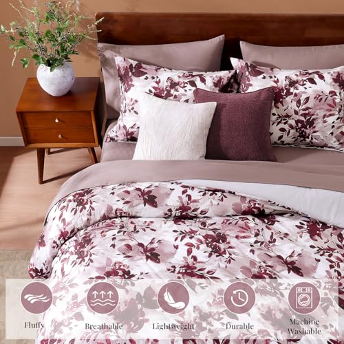 CASAAGUSTO Full Comforter Set, 7 PCS Purple Willow Leaf Floral Comforter Set with Flowers Leaves Pattern, Soft Seersucker Design All Season Full Size Bedding Set(80"X90")