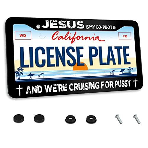 Jesus Is My Copilot And We're Cruising For Pussy License Plate Frame Funny Christianity Stainless Steel For Car Decorative Parts Rustproof License Plate Cover For Standard Us Canada Holder Unisex #TOP19