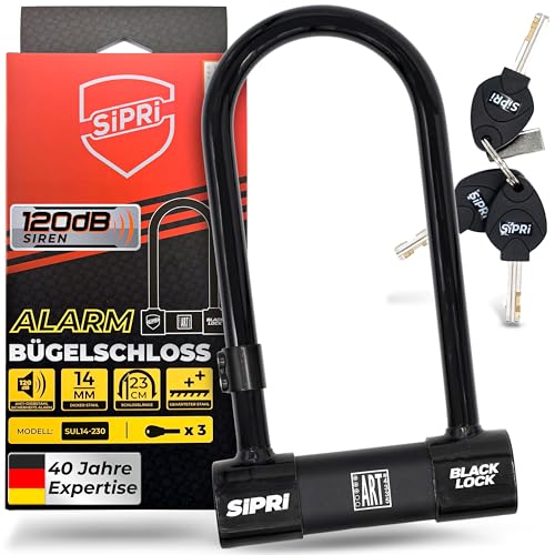 SIPRI® Fahrradschloss mit Alarm 120 dB | Gehärtetes Bügelschloss für E-Bike | E-Scooter & Motorrad | 14 mm Stahl | 230 mm | wetterfest | Diebstahlschutz | Schloss mit Schlüssel | robust & sicher