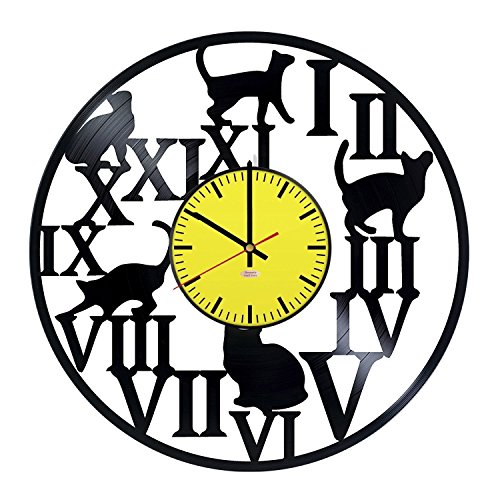 Cats Vinyl Record Wall Clock - Get Unique Living Room Wall Decor - Gift Ideas for Kids, Friends, Girls – Funny Pets Silhouette Unique Modern Art
