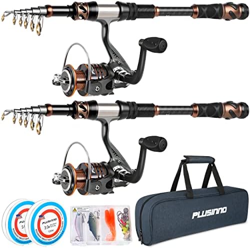 PLUSINNO Fishing Rod and Reel Combos -24 Ton Carbon Fiber Telescopic Fishing Pole - Spinning Reel 12 +1 Shielded Bearings Stainless Steel BB-Free Carrier Bag Case, Travel Saltwater Freshwater Fishing