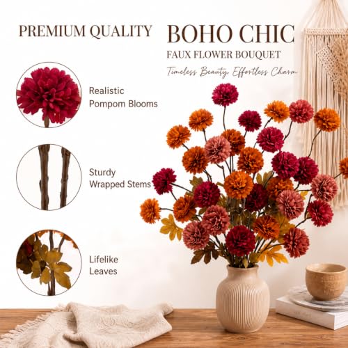 Image of Giegxin 5 Pcs Fall Artificial Pompom Mums Autumn Fake Silk Pompom Floral Bouquet for Home Table Centerpiece Thanksgiving Harvest Decor