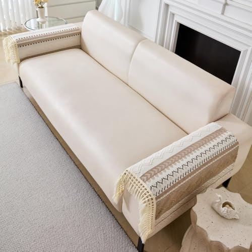 Image of HOMETHREADS Innovative European Premium Style Anti Slip Cotton Sofa Cover Mat with PVC Backing for Non-Slip Comfort (Beige, 2Pc Armrest Mat | 70x50cm)