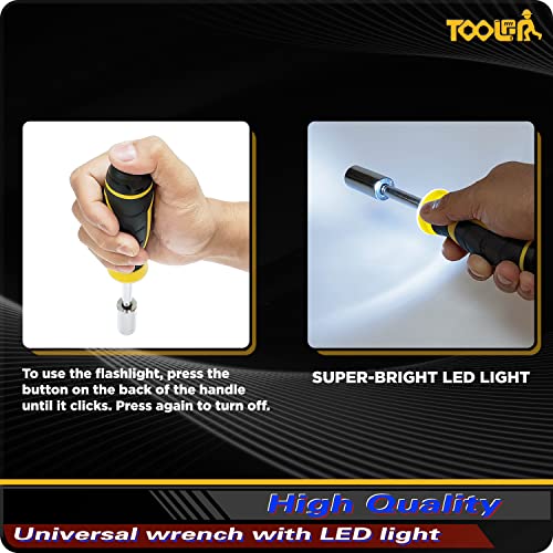 Toolan: Universal Wrench Driver With Led Light, Self-Adjusting Grip Socket For Shape And Size From 5/32" To 9/16" (4Mm To 15Mm), Wrench Driver With Chrome Vanadium Steel For Household Maintenance #TOP3