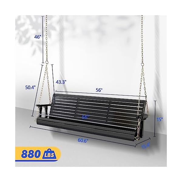 Vingli upgraded patio wooden porch swing for courtyard garden heavy duty 880 lbs swing chair bench with hanging chains for outdoors black 5 ft  urban country home decor