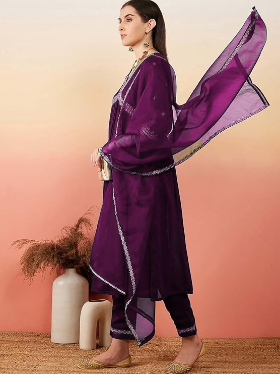 Lookmark Women's Embroidered Georgette Alia Cut Kurta Pant Dupatta Set - Trendy And Elegant Ethnic Wear For Women (Az-Lm-Og-Ks2111-Xxl) Purple