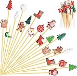 100 Pack Christmas Cocktail Picks Party Supplies, 15 Kinds of Toothpicks for Appetizers, 5.1 Inch Natural Bamboo Tree Cocktail Picks Charcuterie Drink Stirrers Skewers Holiday Decorations Decor