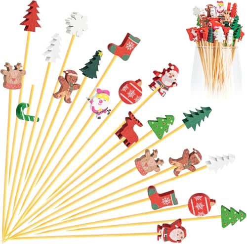 100 Pack Christmas Cocktail Picks Party Supplies 15 Kinds of Toothpicks for Appetizers 5.1 Inch Natural Bamboo Tree Cocktail Picks Charcuterie Drink Stirrers Skewers Holiday Decorations Decor