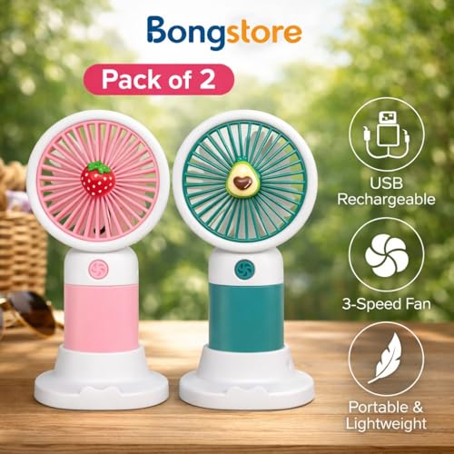 Image of Portable USB Rechargeable Mini Hand fan with stand 3 Speed Personal cooling fan for Home Office Travel outdoor use pack of 2 multicolor
