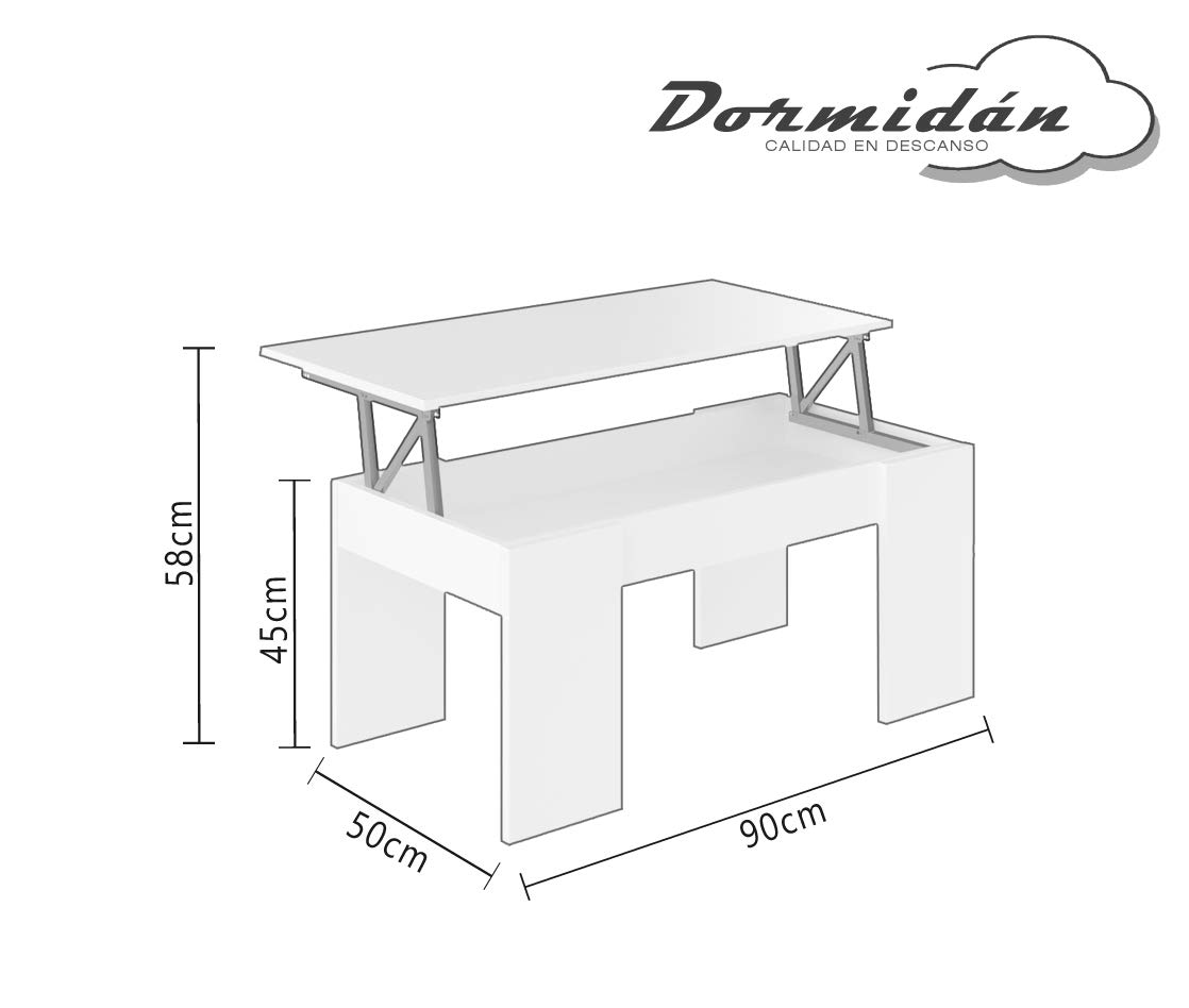 DORMIDAN- Mesa de Centro elevable, Comedor o Auxiliar, Mayor Grosor y Estabilidad (Blanco Tapa Roble)