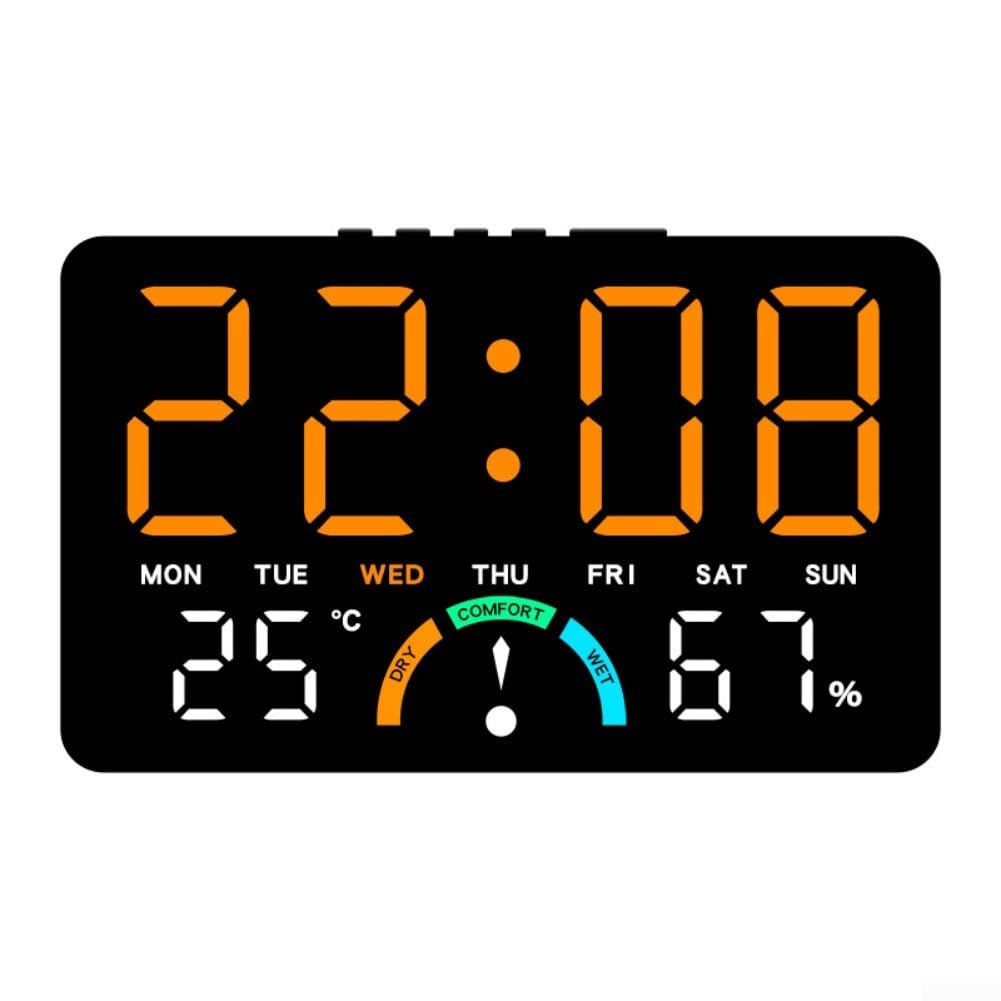 Home LED Electronic Clock with Large Screen, Digital Display of Time Date Temperature Humidity Comfort Level, Easy Read Alarm Clock with Wall Mount or Stand Option, for ideal for Kitchen Bedroom,