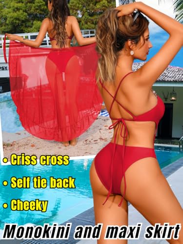 Women's Push-up Monokini with Sarong, Seashell Bra Halter Backless Cheeky, One Piece Swimsuit with Skirt Set3