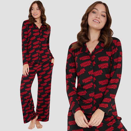 Get Trend Stranger Things Pyjamas for Women Teens Girls, Ladies PJ Set Button Down Shirt & Matching Bottoms, Gifts for Her (XL, Black Stranger Things) - Image 2