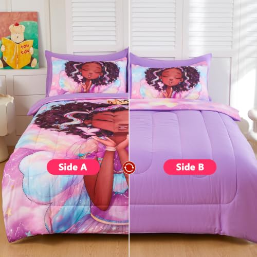 Image of Twin Comforter Set for Girls 5 Piece Black Girl Bedding Set for Girls, Super Soft Microfiber Bed Set African American Princess Bed in a Bag with Comforter Sheets Pillowcase & Sham