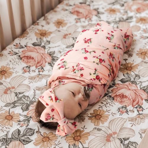 Image of DRESHOW BQUBO Baby Girl Newborn Floral Receiving Blankets with Bow Hat Headband Wooden Birth Announcement Card Set Newborn Baby Swaddling Hats Swaddle Blanket Toddler Warm Shower Gift