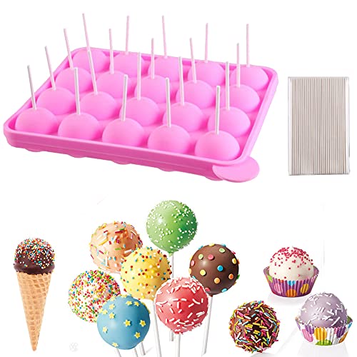 Cake Pop Maker Kit 20 Cavities Silicone Cake Pop Mould with Acrylic Display Stand Holder Lollipop Sticks Treats Bags Twist Ties Decorating Pen (Only Cake Pop Moulds)