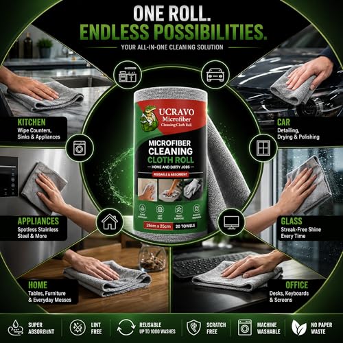 Image of UCRAVO Reusable Kitchen Towel Roll microfiber cleaning cloth - 2000 Times Washable | Soft & Highly Absorbent| Alternative to Dishcloth Kitchen Tissue Paper Roll | 20 Sheets for Home Glass Cleaning