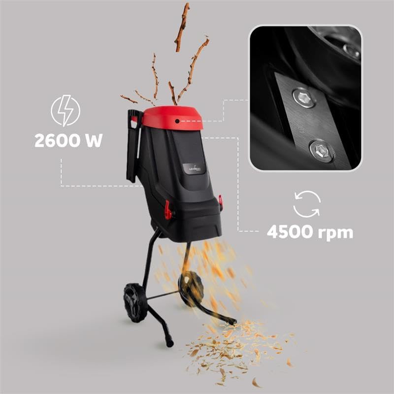 Diagram showing 2600W power, 4500 rpm, and shredder blades