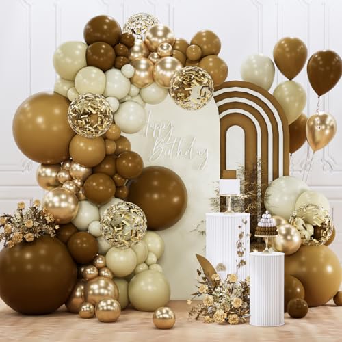 Image of PartyWoo Brown Balloon Arch Kit Garland 140pcs Different Sizes of 18 12 10 5 Inch Dark Brown White Sand Beige Neutral Boho Fall Gold Confetti Balloons for Baby Shower Birthday Safari Party Decorations