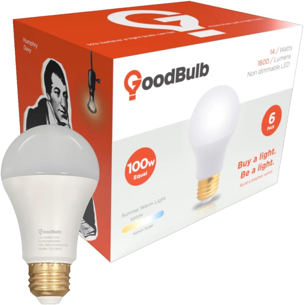 GoodBulb 100 Watt Replacement – 14 Watt Rough Service LED A19 – Warm White – 1600 Lumens – 3000 Kelvin – Non Dimmable - Long-Lasting 25,000 Hours (6 Pack)