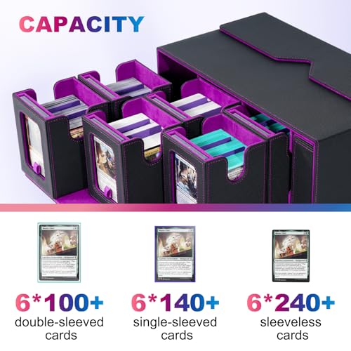 Image of UAONO MTG Commander Deck Box, 6-Deck Modular TCG Deck Case with Dice Tray | Hold 600+ Double-sleeved Cards, Modular Card Deck Box with 35PT Magnetic Card Holder for Magic the Gathering Black Purple