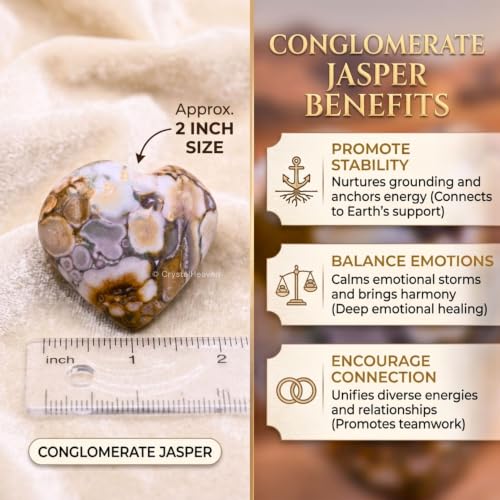 Image of Crystal Heaven Certified Conglomerate Jasper Crystal Heart Palm Pebbles Stones For Anxiety Stress Relief Massage - Original Healing Gemstone Agate Heart Palm Stone For Yoga Meditation Spiritual