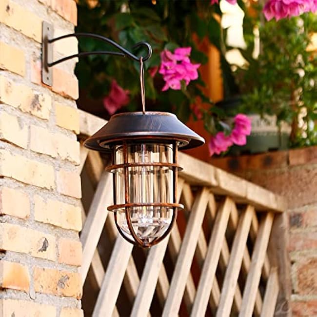 Solar Lantern Outdoor Hanging Solar Lights, Waterproof Metal Outdoor Lights with Clear Glass, LED Edison Bulbs Cordless Decorative Aluminum Wall Lantern with Hooks, Bronze
